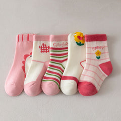 5 Pairs Girls Kids Cartoon Flower Crew Socks for Autumn Winter