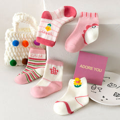 5 Pairs Girls Kids Cartoon Flower Crew Socks for Autumn Winter