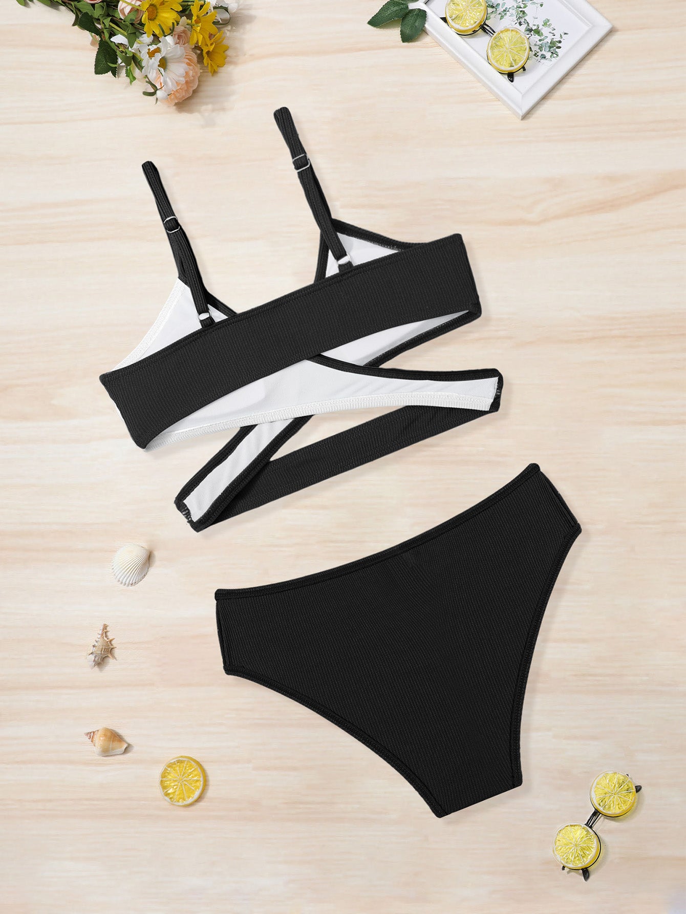 Girl's Ribbed Bikini Set Cross Cami Top & Briefs Stretchy Bathing Suit