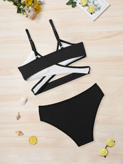 Girl's Ribbed Bikini Set Cross Cami Top & Briefs Stretchy Bathing Suit