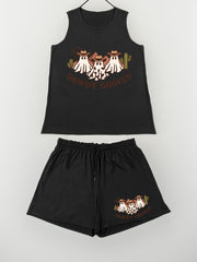 Halloween Casual Loungewear Set Women's Plus Ghost & Cactus Print Tank