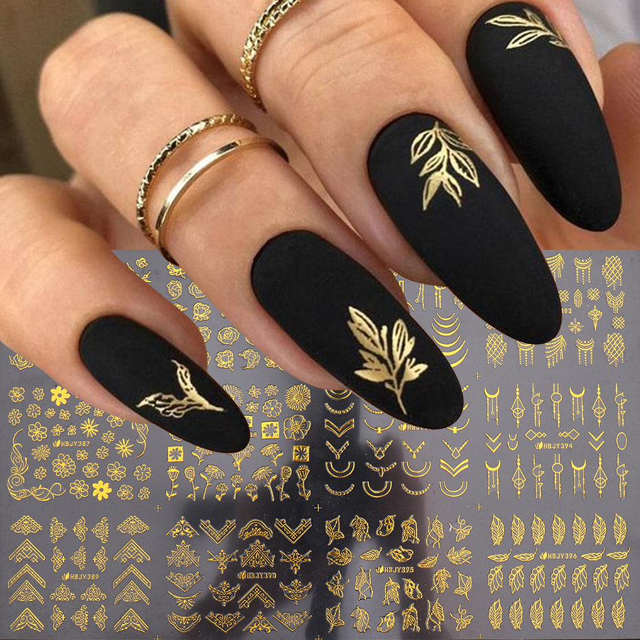 12 Sheets Nail Stickers Bronzing Flower Leaf Lace Geometry Line Nail Art Sliders