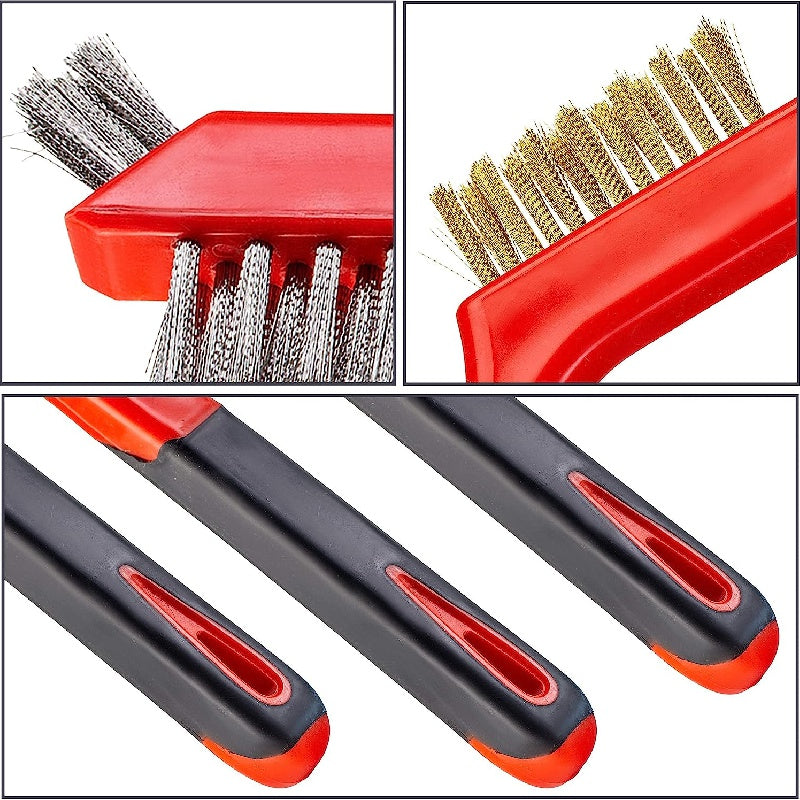 3pcs Wire Brush Set Rust Removal Stainless Steel Brass Nylon Brushes
