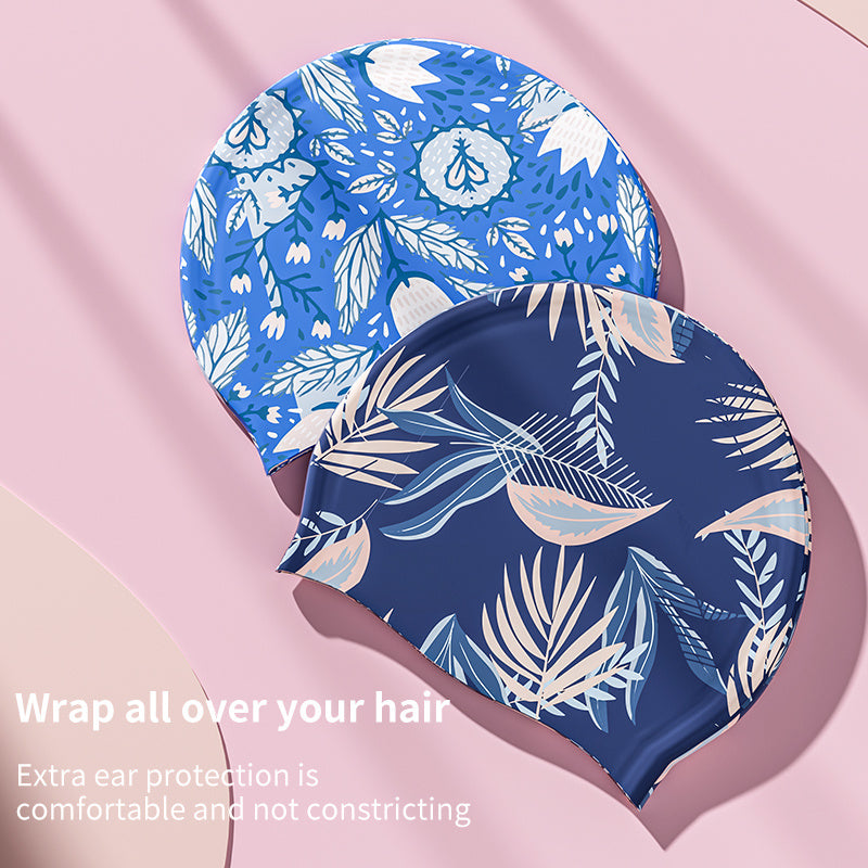 Leaves Printed Silicone Swimming Cap with Ear Protection
