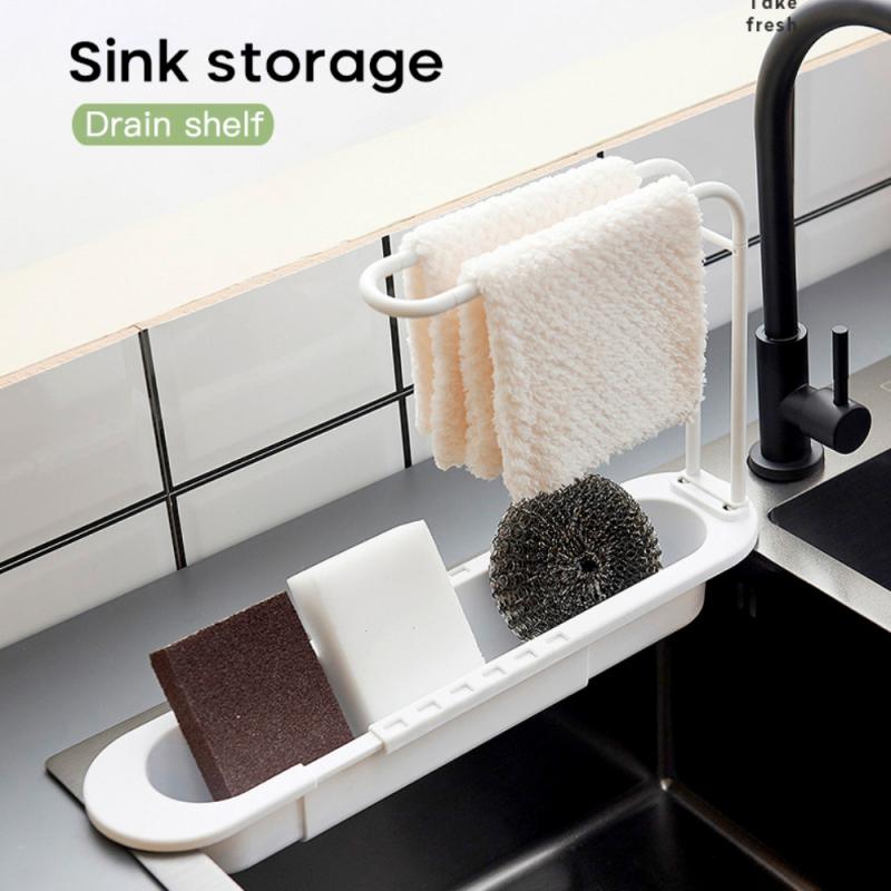 Kitchen Sink Drain Basket with Towel Rack Telescopic Tableware Drain Rack