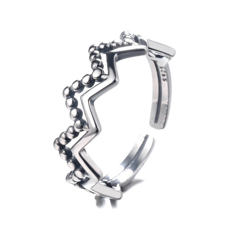 S925 Geometric Wave Pattern Ring Vintage Round Bead Open Ring Funky Finger Ring