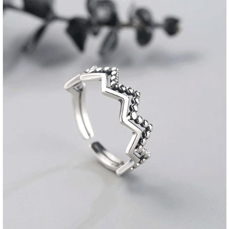 S925 Geometric Wave Pattern Ring Vintage Round Bead Open Ring Funky Finger Ring
