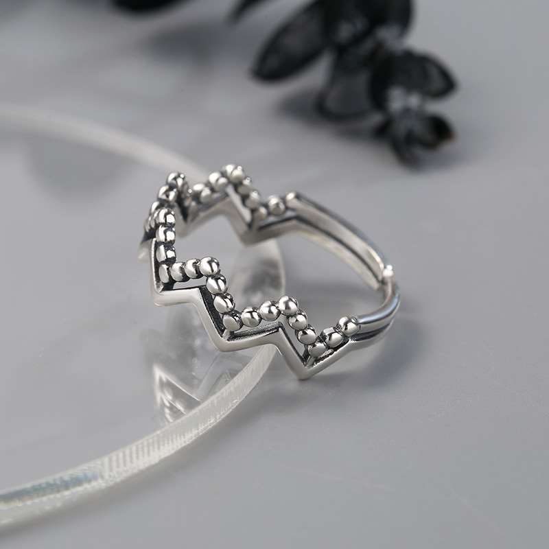 S925 Geometric Wave Pattern Ring Vintage Round Bead Open Ring Funky Finger Ring