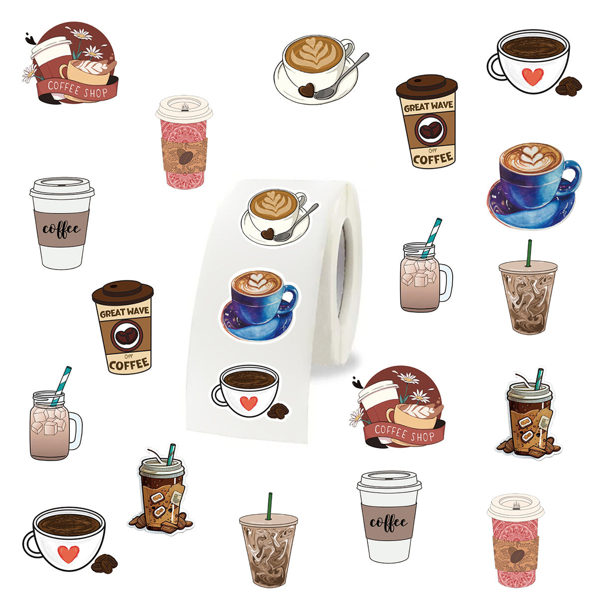 500 Coffee Stickers Roll Drink Laptop Bumper Phone Hard Hat Car Stickers