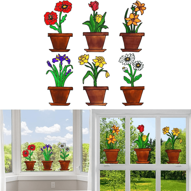 Red Flower Pot Wall Stickers Window Decoration Home Decor Living Room Decals