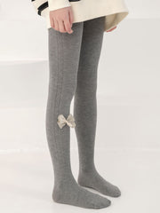 Girls Elastic Pantyhose with Vertical Ribbon Knit Bow