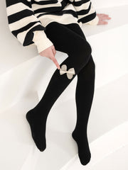 Girls Elastic Pantyhose with Vertical Ribbon Knit Bow