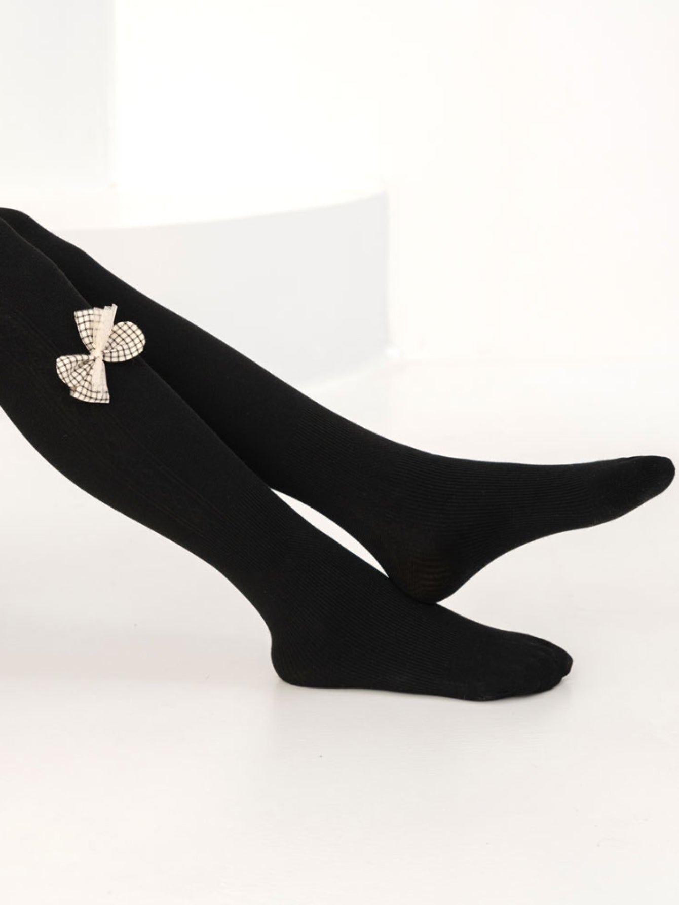 Girls Elastic Pantyhose with Vertical Ribbon Knit Bow