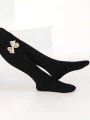 Girls Elastic Pantyhose with Vertical Ribbon Knit Bow