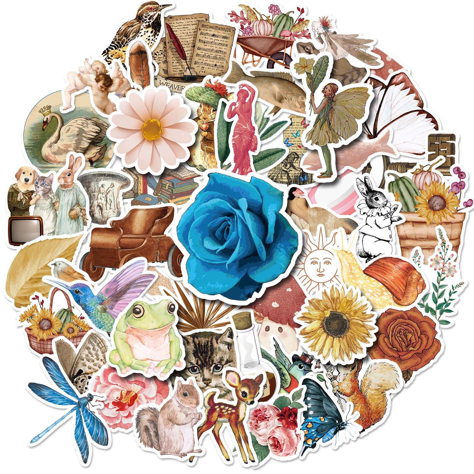 50pcs Retro Flowers Animal Stickers Water Bottle Laptop Waterproof Scrapbook