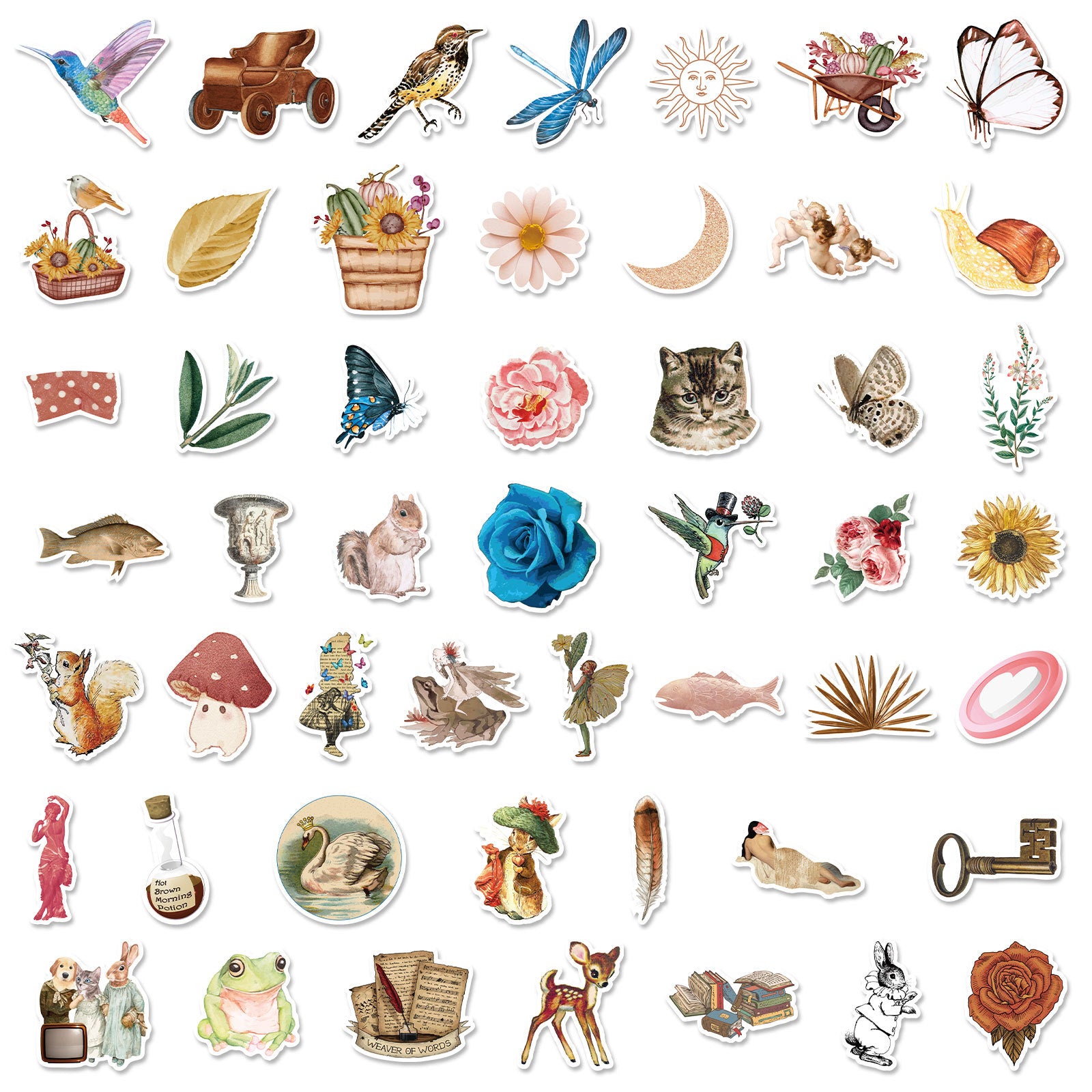 50pcs Retro Flowers Animal Stickers Water Bottle Laptop Waterproof Scrapbook