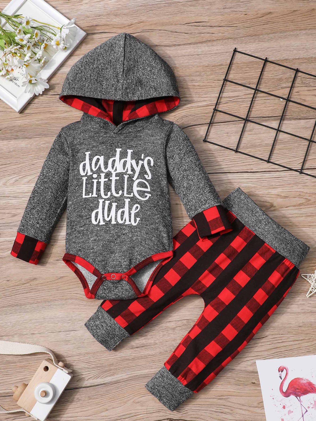 Baby Boy Plaid Hoodies Romper Pants 2PCS Outfits Set