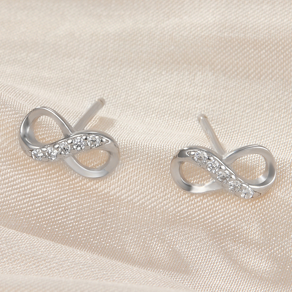 S925 Silver Infinite Symbol Stud Earrings Cubic Zirconia Decor Jewelry