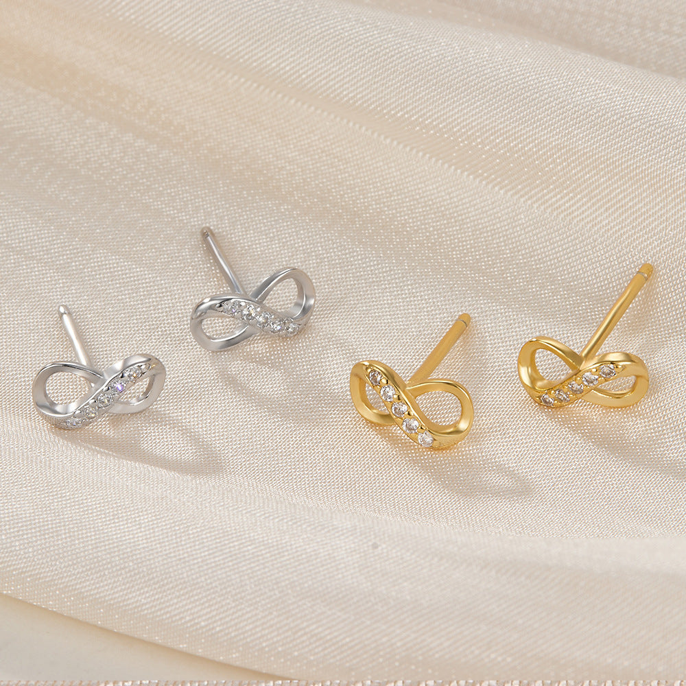 S925 Silver Infinite Symbol Stud Earrings Cubic Zirconia Decor Jewelry