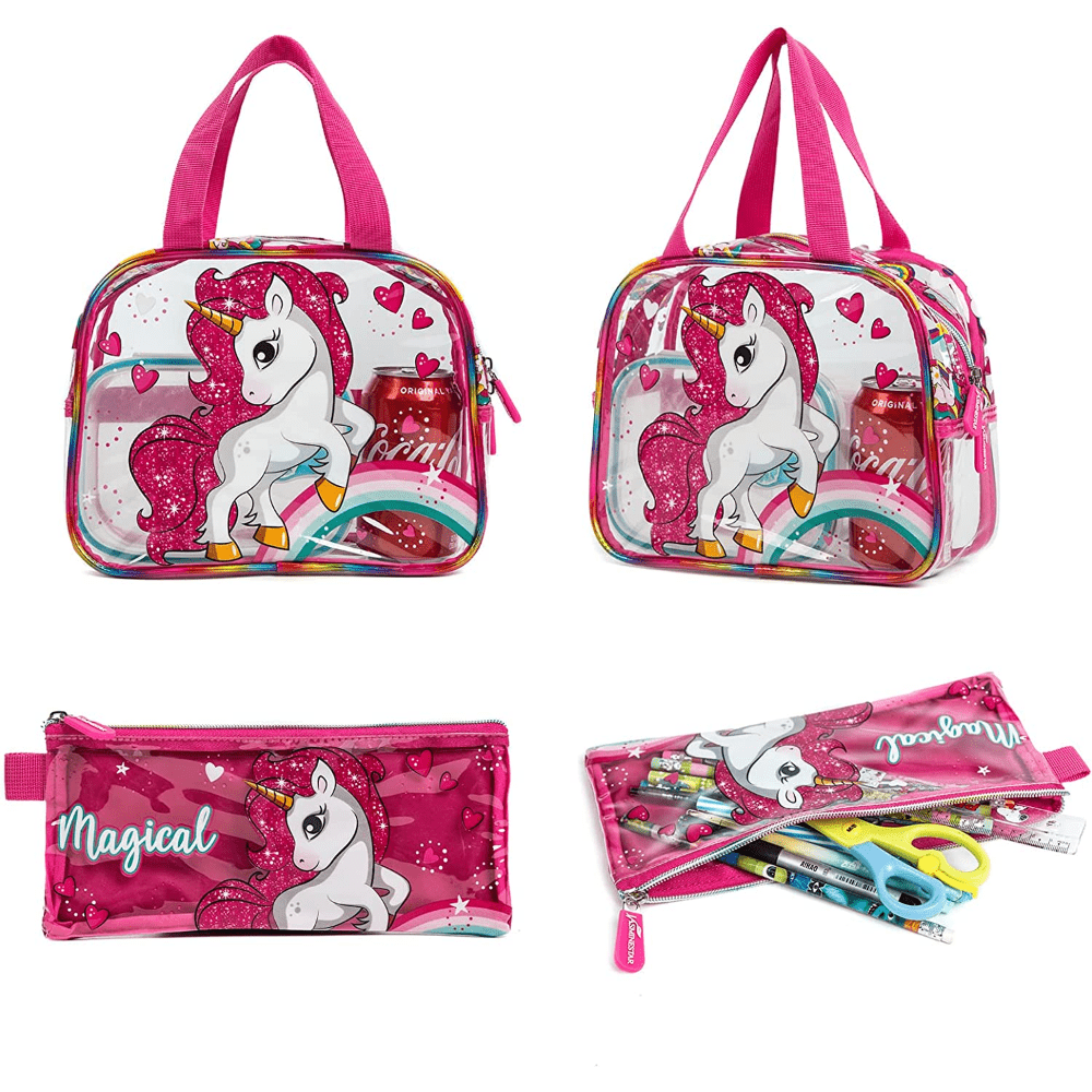 Kids Transparent Unicorn Backpack with Lunch Bag and Pencil Case