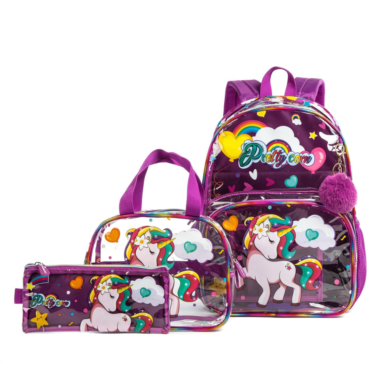 Kids Transparent Unicorn Backpack with Lunch Bag and Pencil Case
