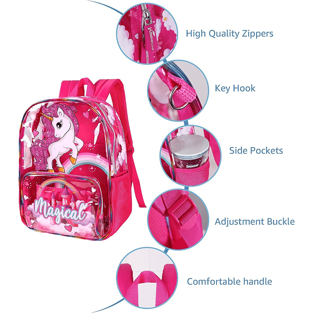 Kids Transparent Unicorn Backpack with Lunch Bag and Pencil Case