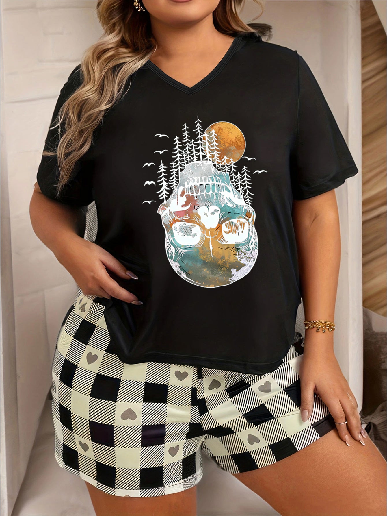 Skull & Trees Print V Neck Pajama Top Plus Size Halloween Goth Loungewear