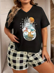 Skull & Trees Print V Neck Pajama Top Plus Size Halloween Goth Loungewear