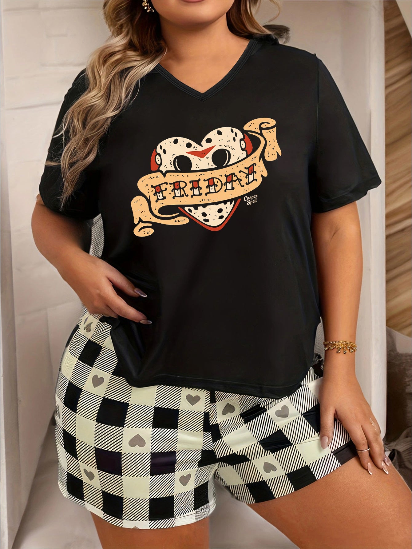 Halloween Lounge Top Women's Plus Short Sleeve V Neck Pajama Top