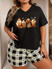 Halloween Loungewear Top Women's Bat & Pumpkin Drinks Print Pajama Top