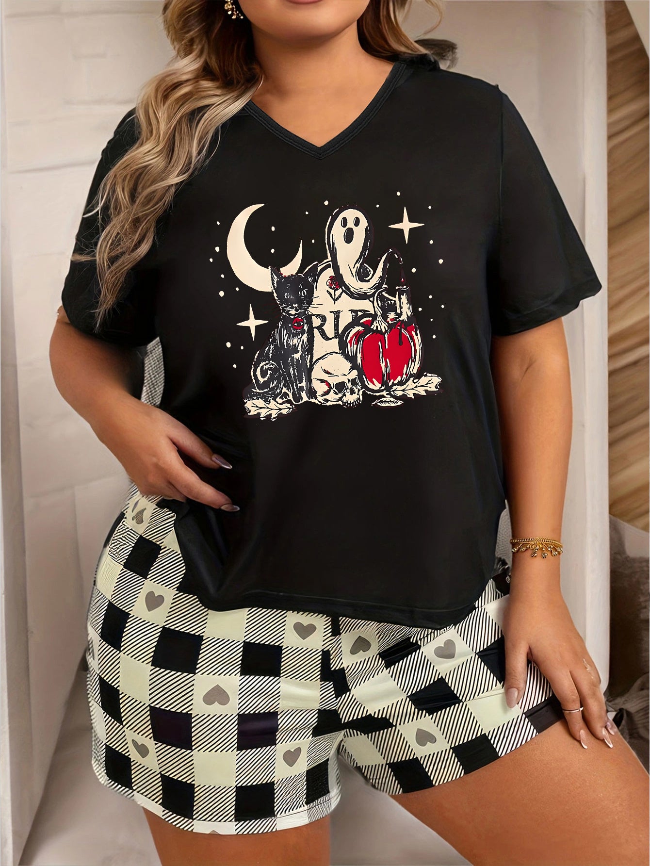Halloween Lounge Top Women's Plus Cat & Ghost & Skull Print