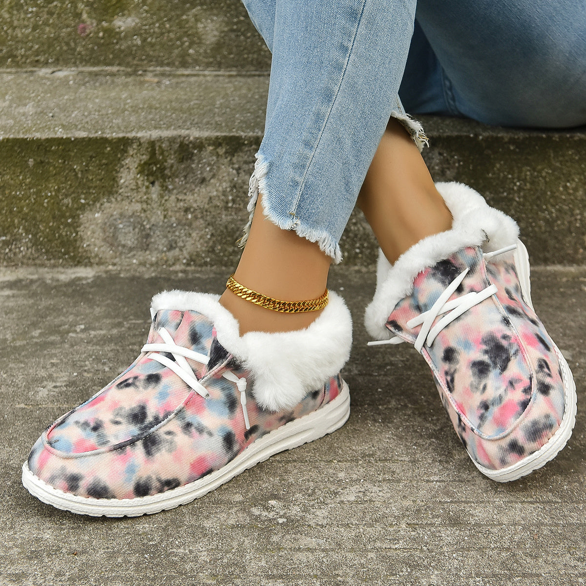 Women's Tie Dye Winter Flat Shoes Fleece Lined Lace Up Sneakers