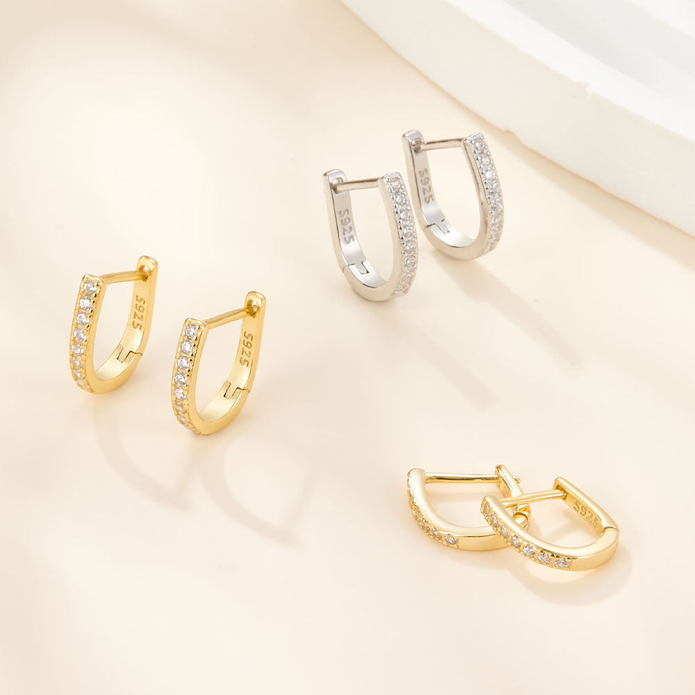 S925 Sterling Silver CZ Decor U Shaped Hoop Earrings For Girls