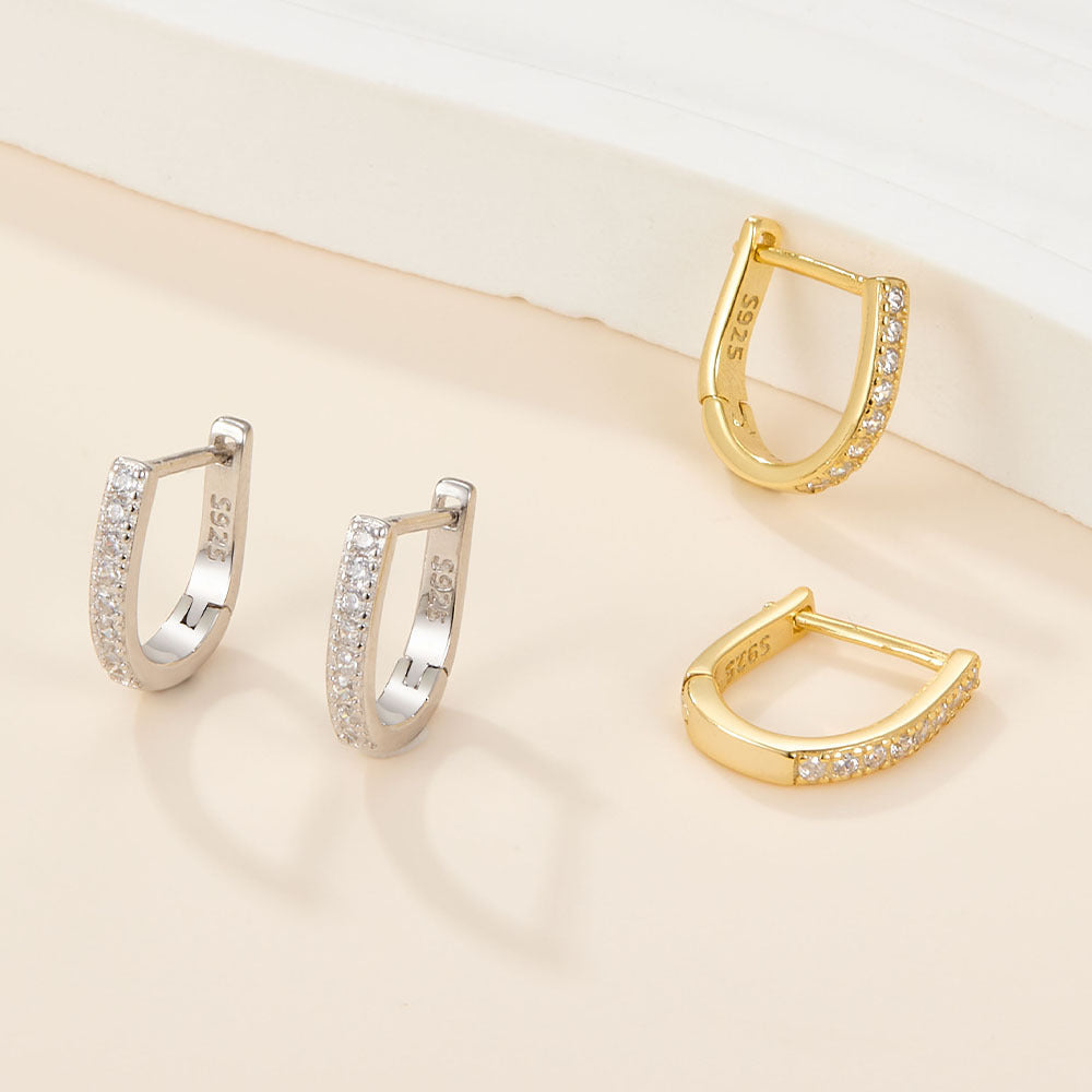 S925 Sterling Silver CZ Decor U Shaped Hoop Earrings For Girls