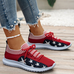 Women's Star & Striped Pattern Sneakers Lace Up Shoes Breathable Knit