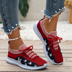 Women's Star & Striped Pattern Sneakers Lace Up Shoes Breathable Knit