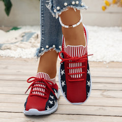 Women's Star & Striped Pattern Sneakers Lace Up Shoes Breathable Knit