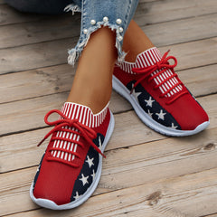 Women's Star & Striped Pattern Sneakers Lace Up Shoes Breathable Knit