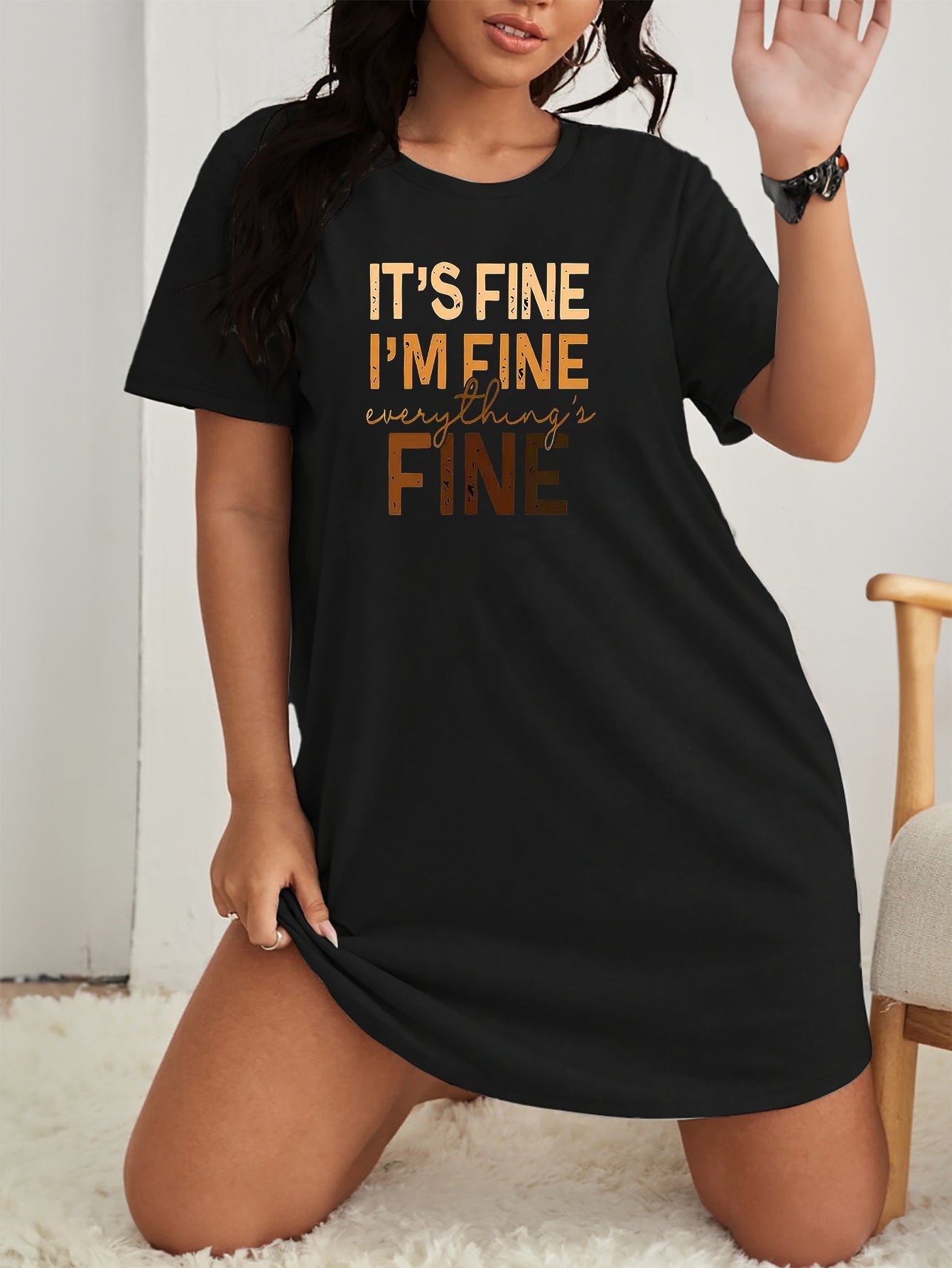 Slogan Print Round Neck Tee Nightdress