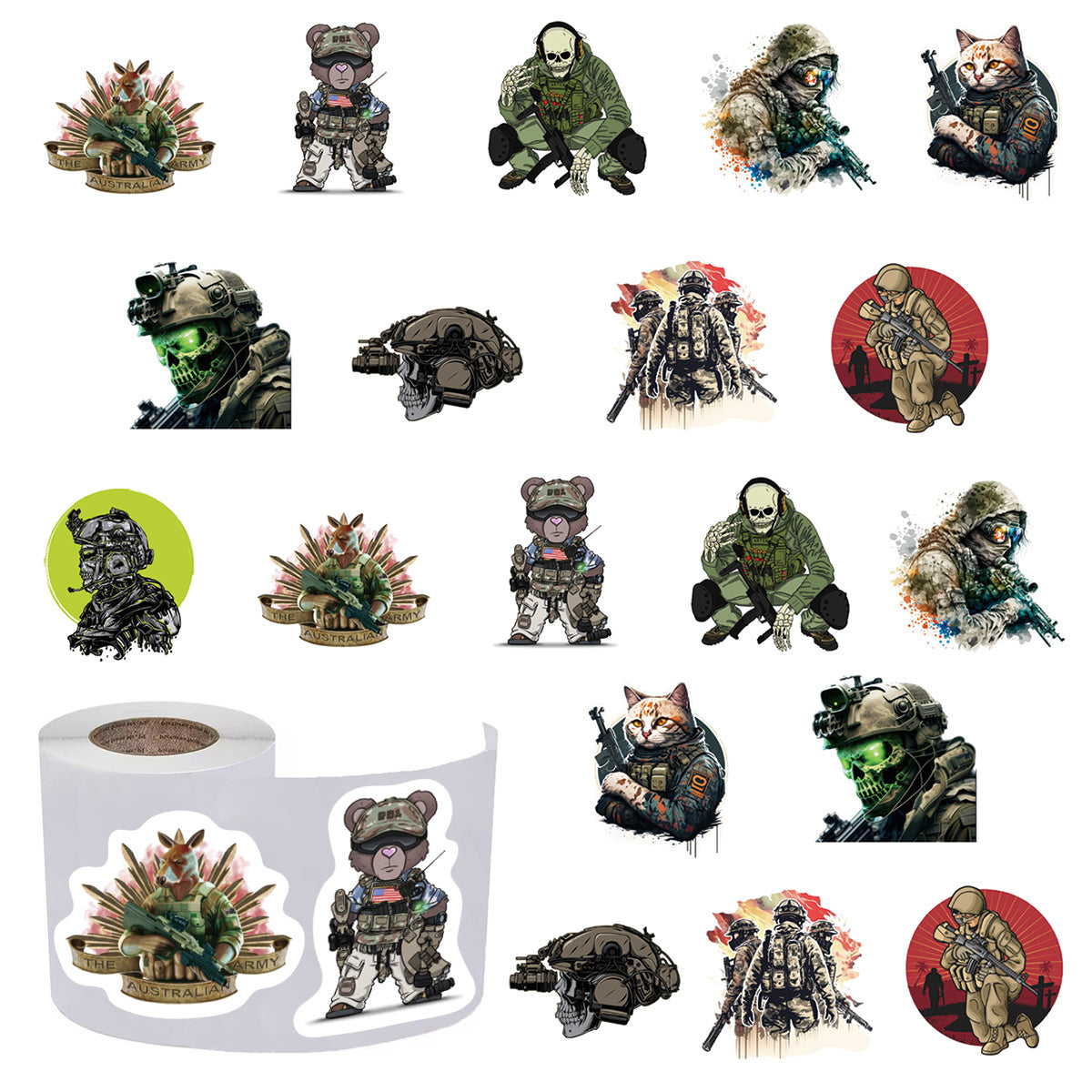 500pcs Military Funny Stickers Pack 2.54 cm 10 Patterns Cartoon Labels