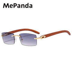 MePanda Retro Wood Grain Sunglasses Metal Frameless
