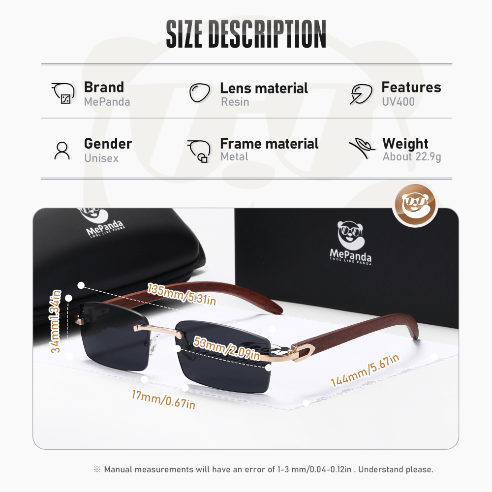 MePanda Retro Wood Grain Sunglasses Metal Frameless