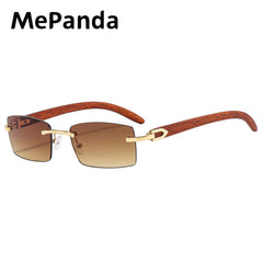 MePanda Retro Wood Grain Sunglasses Metal Frameless
