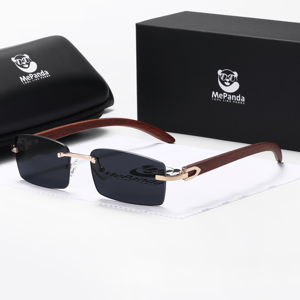MePanda Retro Wood Grain Sunglasses Metal Frameless