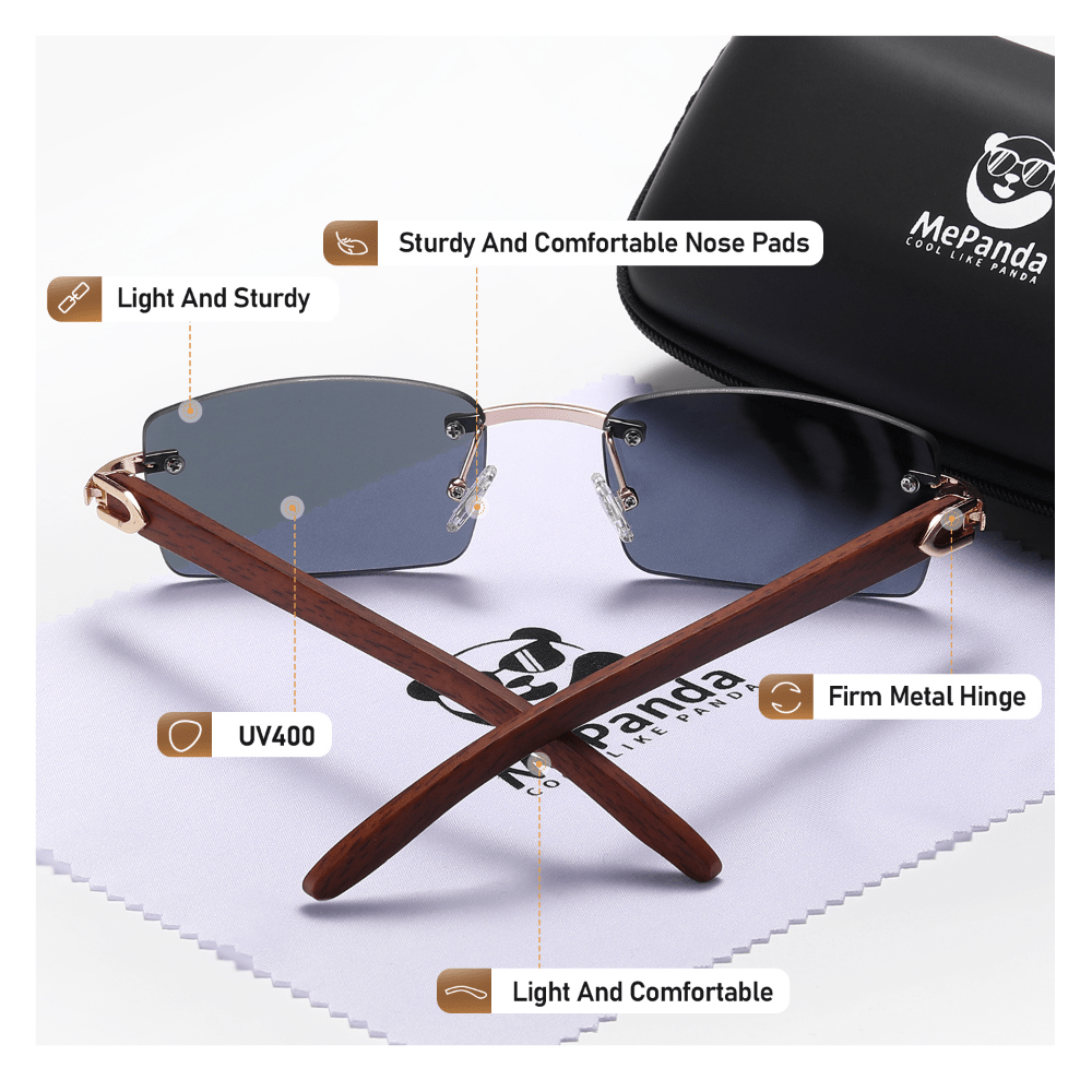MePanda Retro Wood Grain Sunglasses Metal Frameless