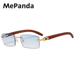 MePanda Retro Wood Grain Sunglasses Metal Frameless