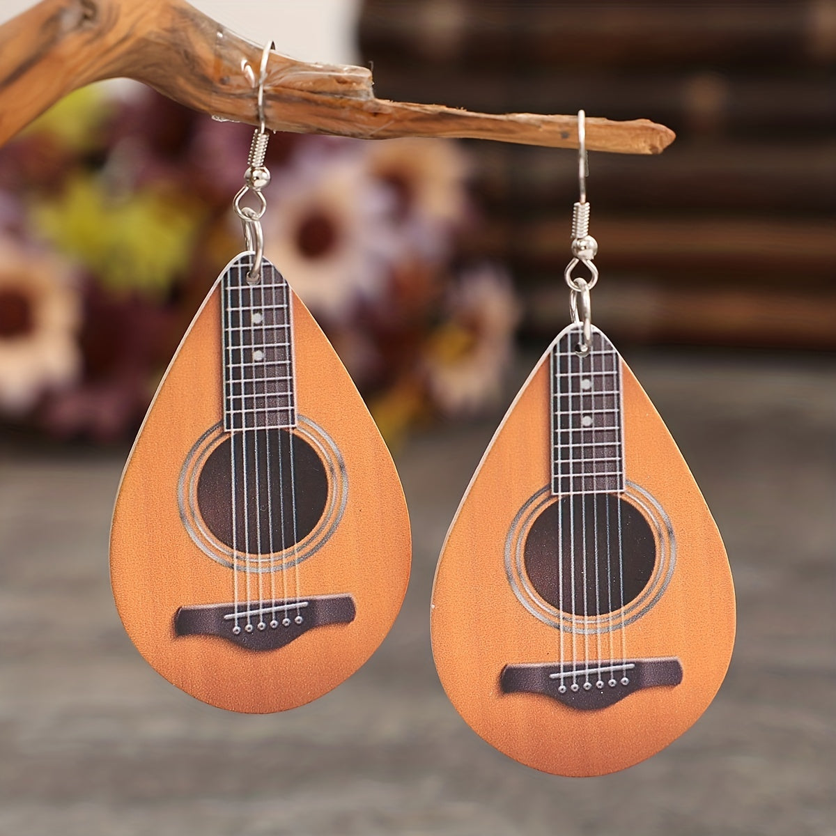 Water Drop Ukulele Pattern Wood Dangle Earrings for Women Girls