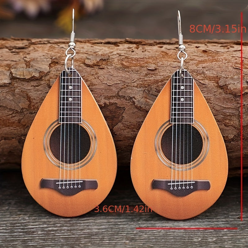 Water Drop Ukulele Pattern Wood Dangle Earrings for Women Girls