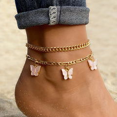 Boho Layered Pink Butterfly Charm Anklet Set