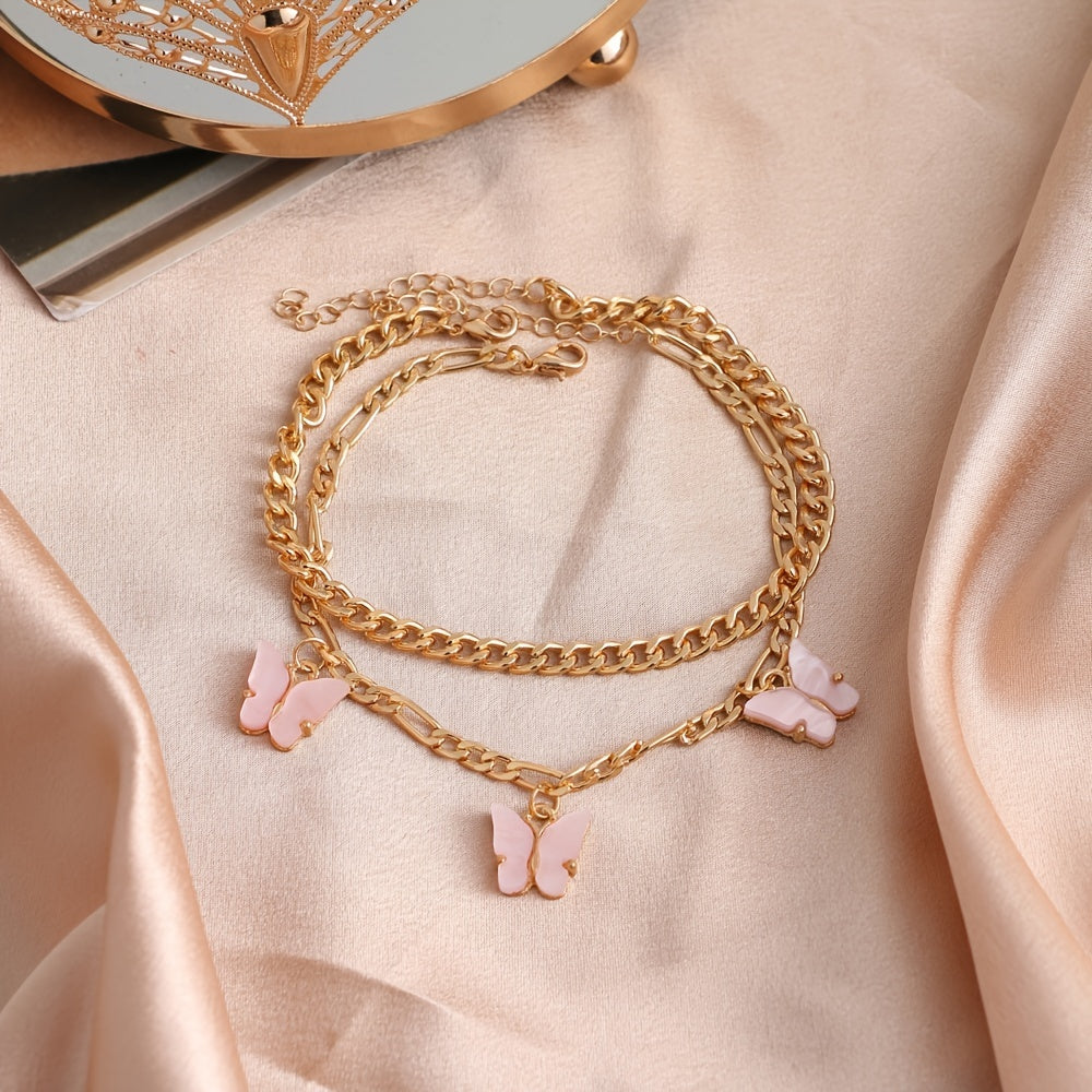Boho Layered Pink Butterfly Charm Anklet Set